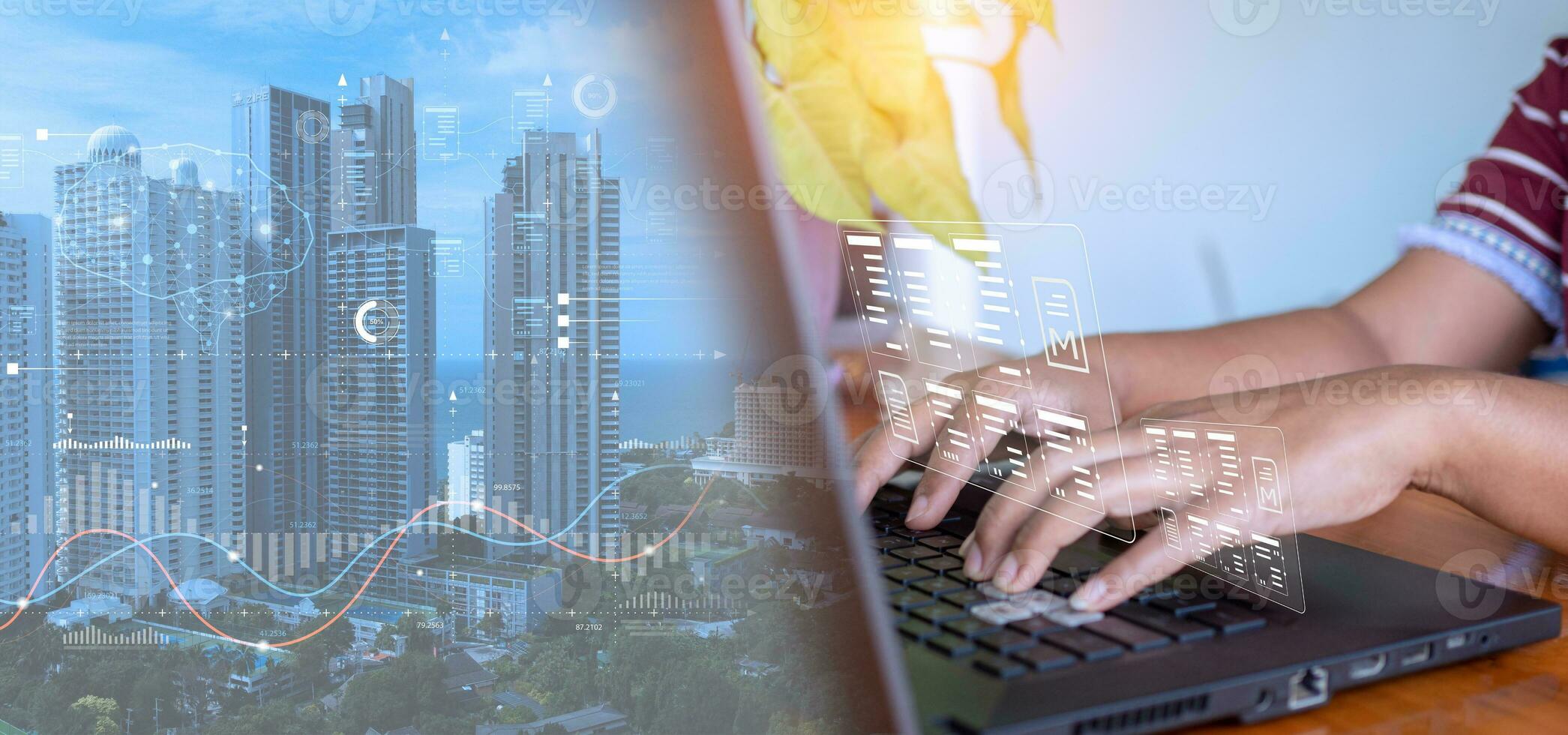 Human hand working on computer. business, network, communication, and technology concept. photo