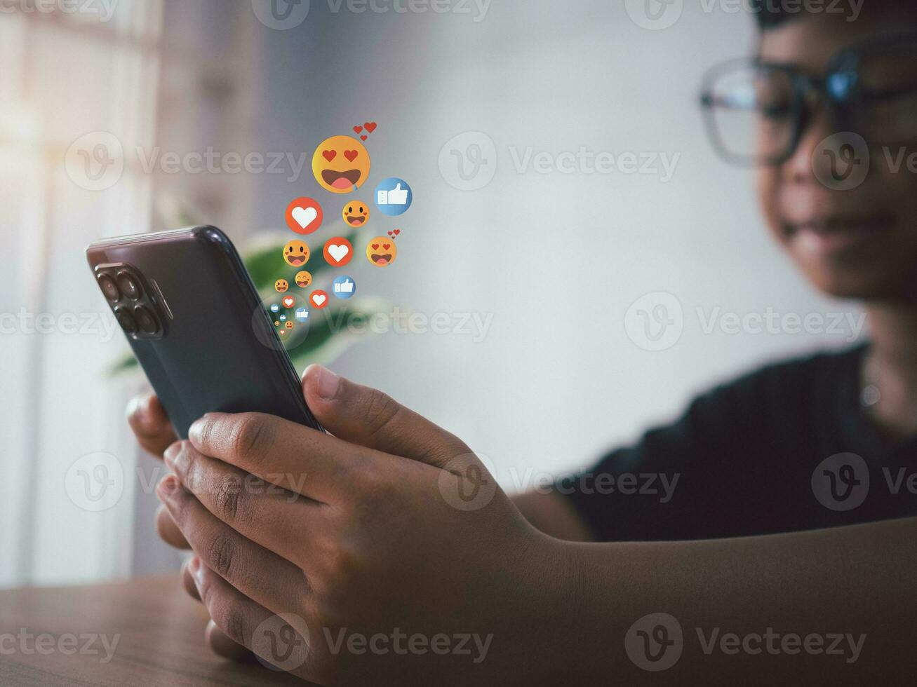 boy hand using smartphone typing live chat chatting on application communication digital web and social network concept. Social media application chat box. photo