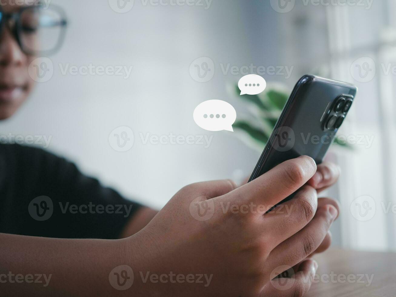 boy hand using smartphone typing live chat chatting on application communication digital web and social network concept. Social media application chat box. photo