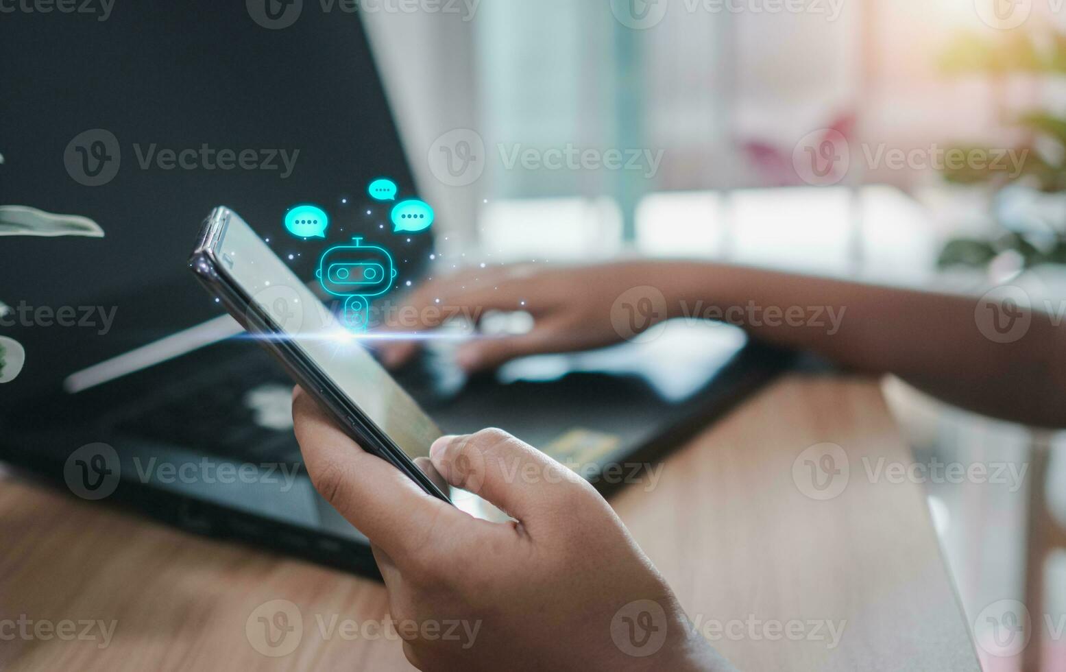 People are working and bringing AI to help them work on computers and smartphone. photo