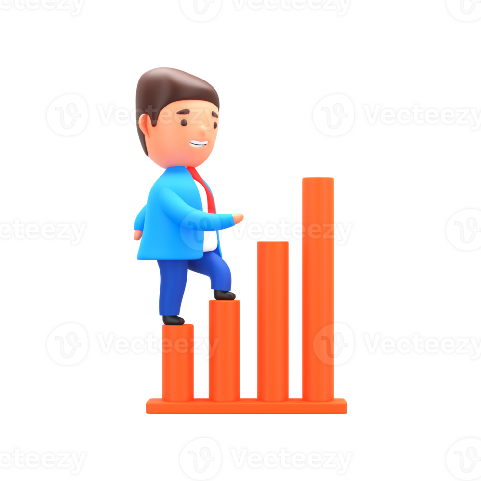 Business Man 3D Character Climbing Upward on Infographic Bar. Growth Concept. png