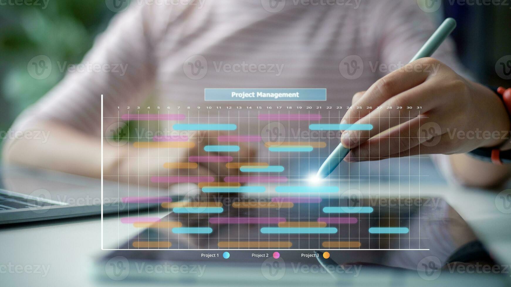 Analyst working with computer in management system to make report with KPI and metrics connected to database. corporate strategy for finance, operations, sales, marketing.Project management concept. photo