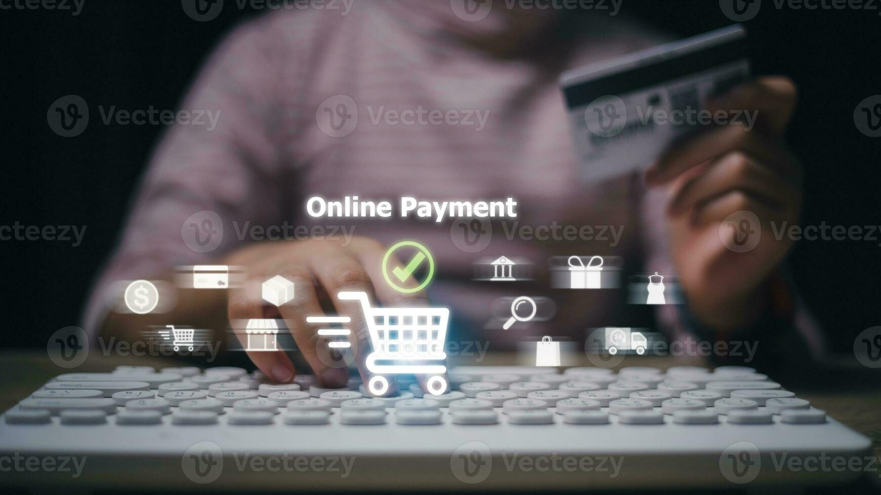 E-commerce delivery online payment. Access paying online payment concept. Women use laptop banking and online shopping via banking mobile apps, E-transactions and financial technology. photo