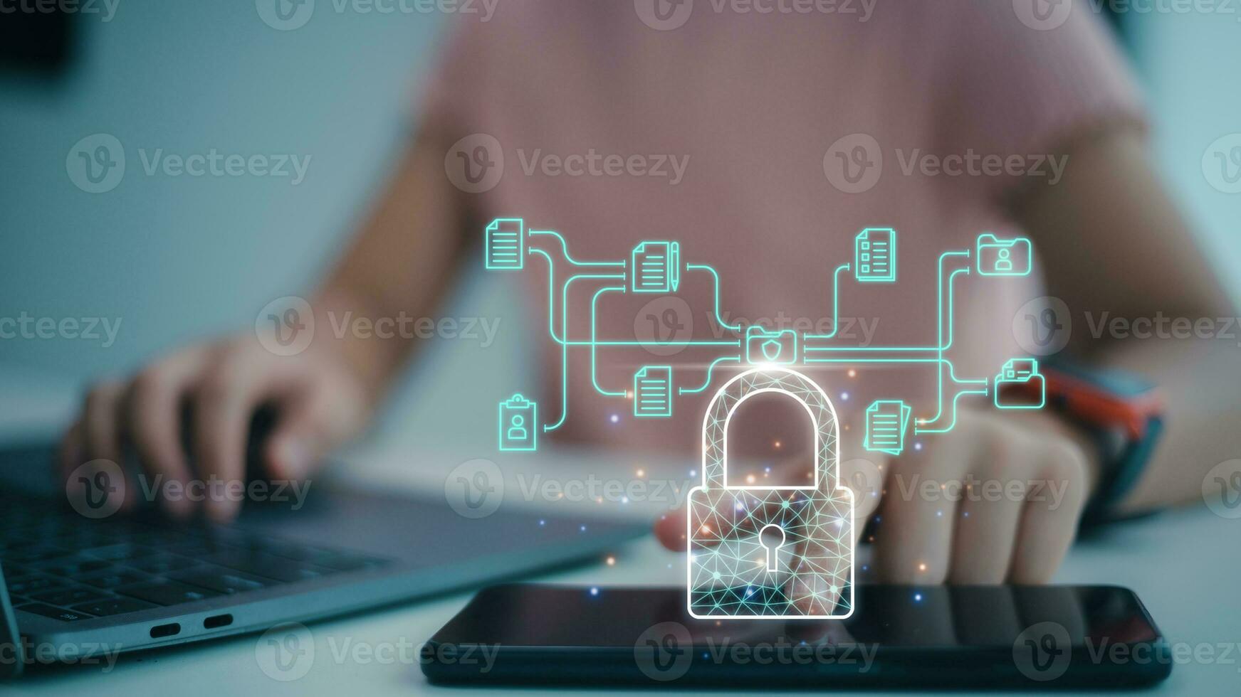 Businesswoman use laptop secure encryption to access data and documents Safe storage data of company system, Cybersecurity privacy data protection concept and document management concept, photo