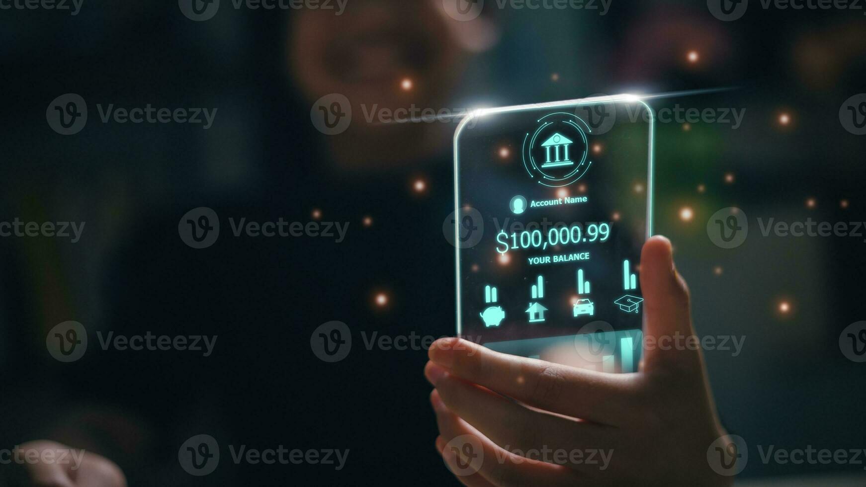 Women use smartphones for personal financial transactions on mobile banking on futuristic virtual interface screen app. check bank account balance. Online banking and Internet banking concept. photo