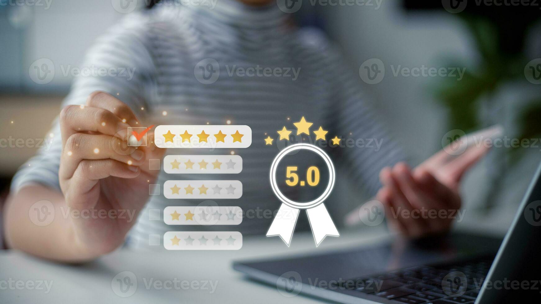 Customer can evaluate quality of service leading to reputation ranking of business. User give rating to service experience on online application, Customer review satisfaction feedback survey concept. photo