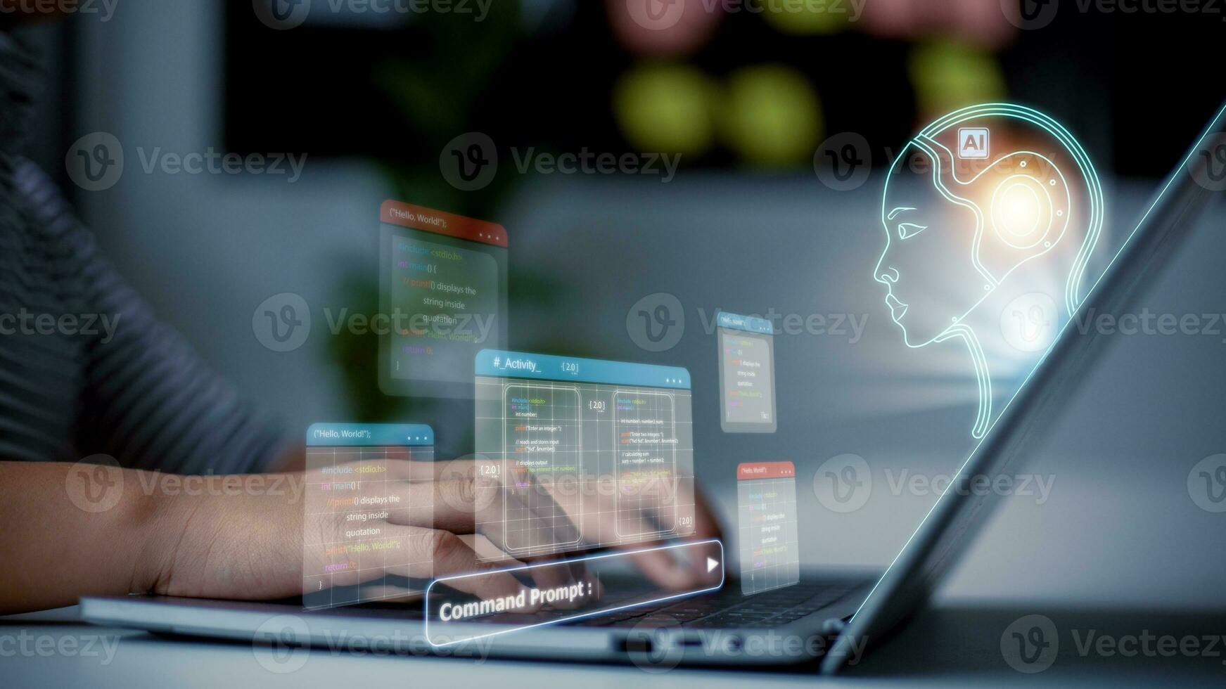 Technology and people concept women use AI to help work, AI Learning and Artificial Intelligence Concept. Futuristic technology transformation. photo