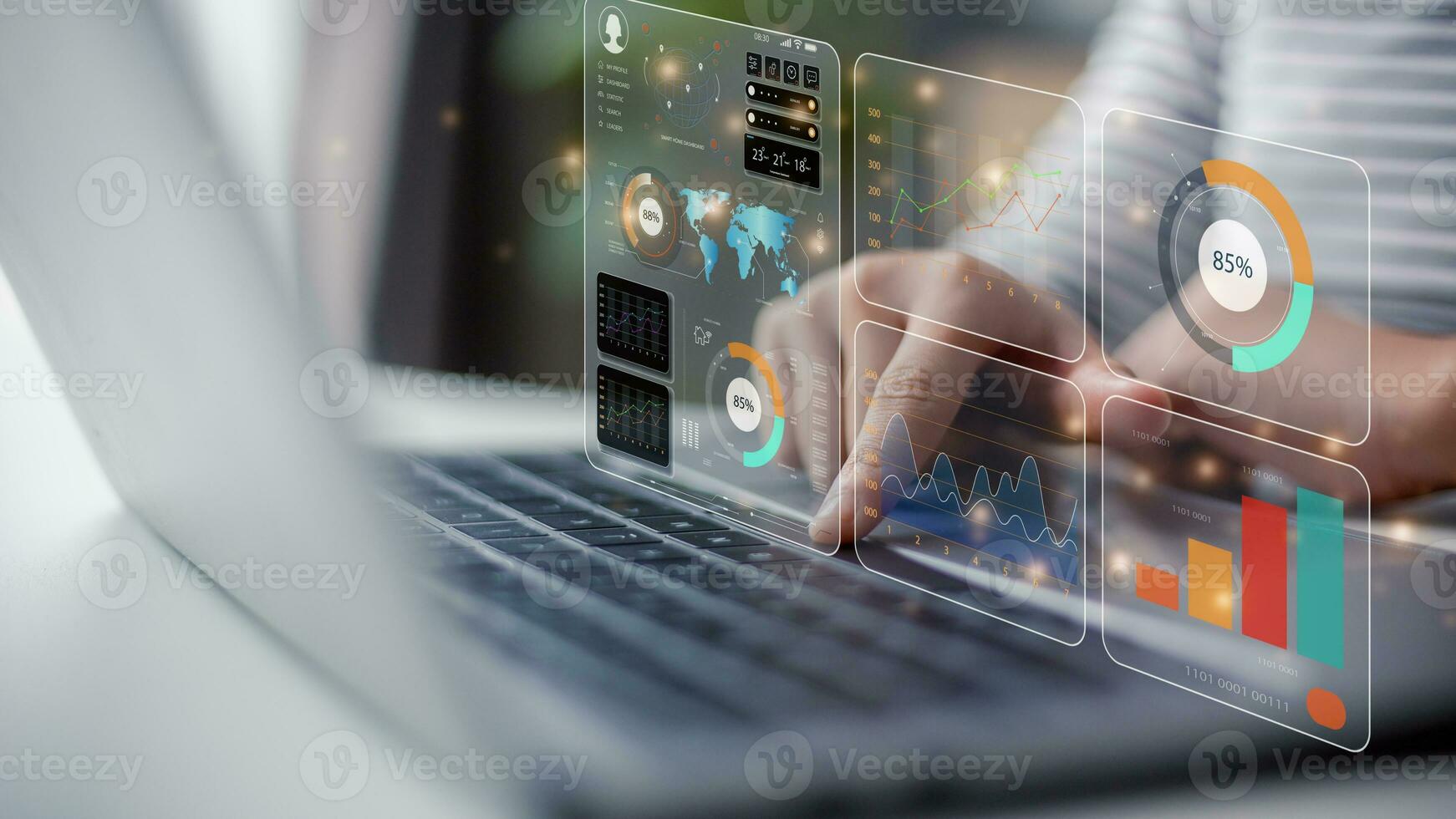 Data scientists.  a programmer using a laptop to analyze and develop various information on a futuristic virtual interface screen. Algorithm. marketing and deep learning of artificial intelligence photo