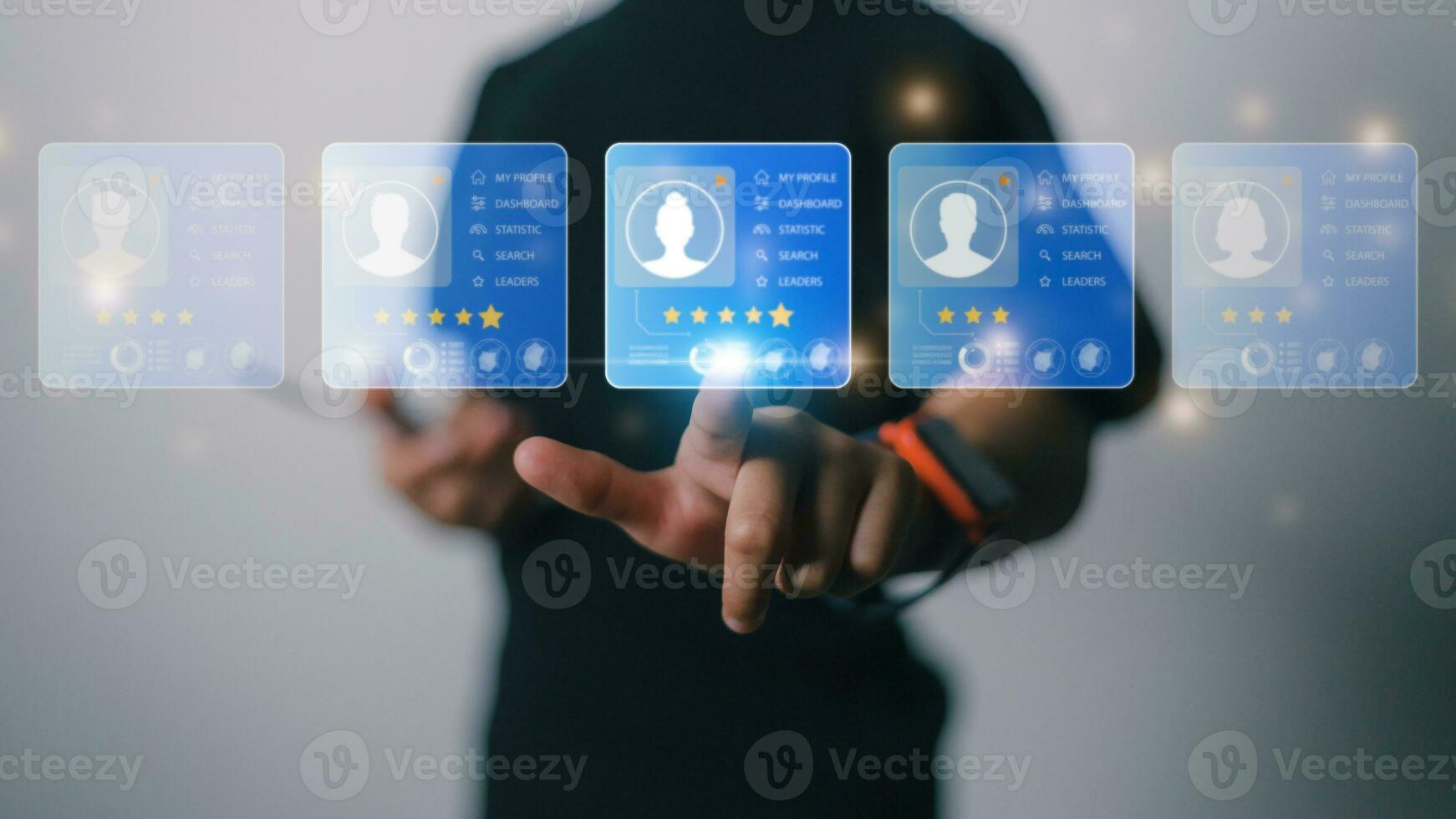 Online recruitment application specialist search service concept with virtual cards with rating and profile information. photo