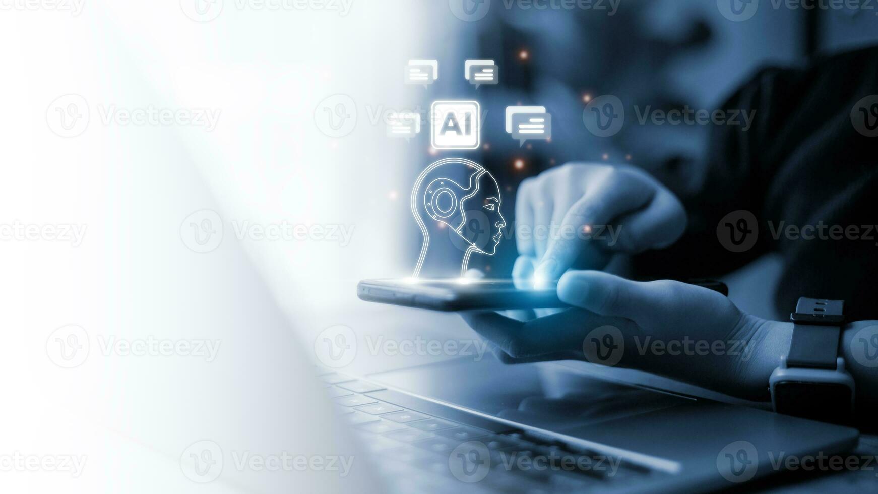 Technology and people concept women use AI to help work, AI Learning and Artificial Intelligence Concept. Futuristic technology transformation. photo