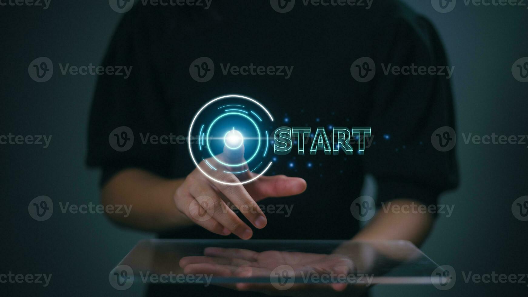 Businesswoman touching start button for strategy and action plan, targeting the business, investment growth and success development, achievement, goal, finance leadership and customer target group. photo