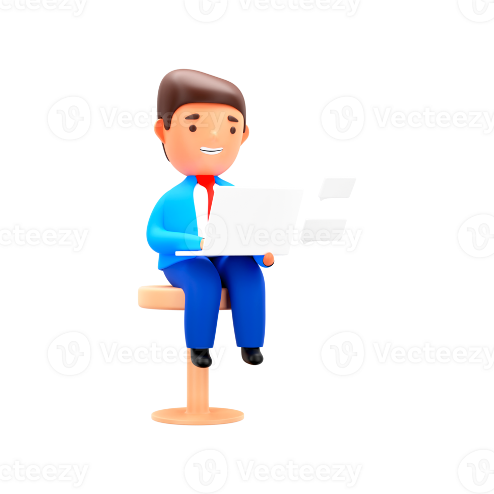 Businessman 3D Character working on Laptop on PNG Background.