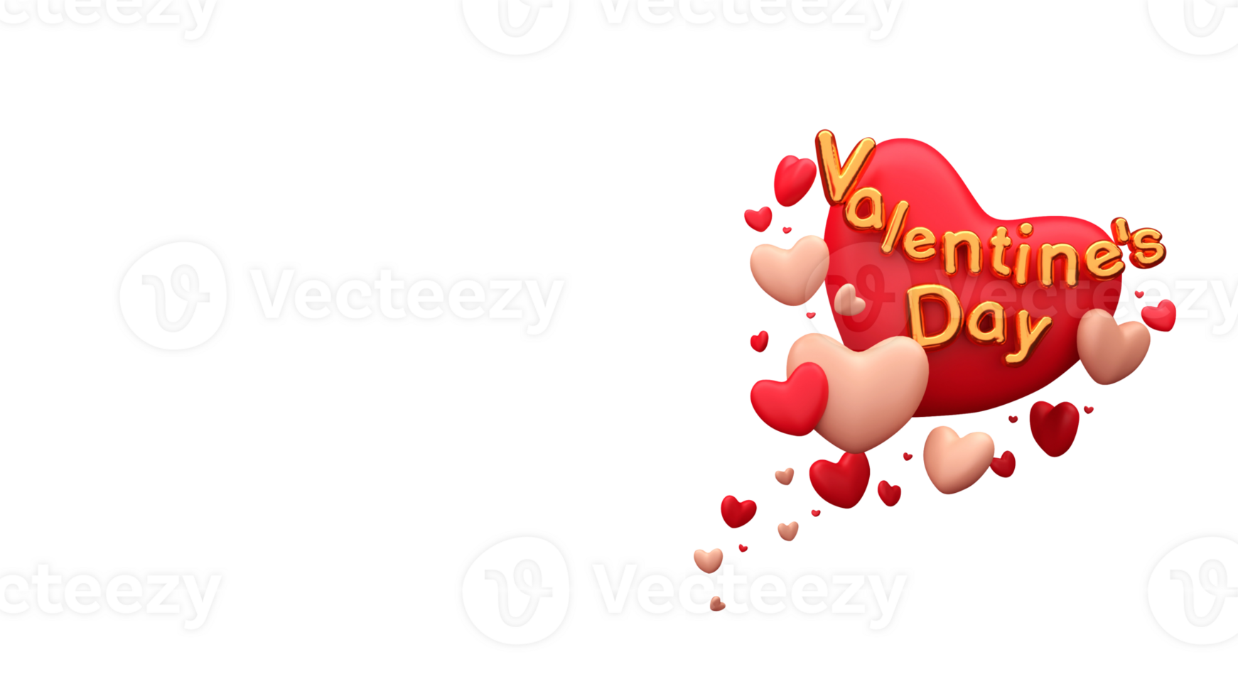Red and Pink Heart Shapes and Golden Valentines Day Text on PNG Background.