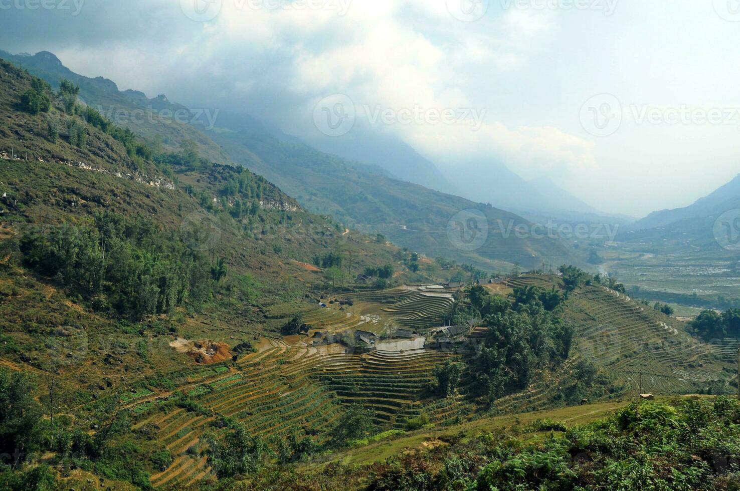 Rice farming with farmer cabin on Vietnam mountain photo
