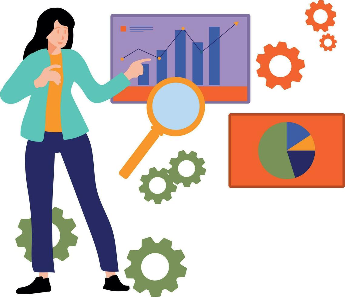 A girl is managing a business bar graph. vector