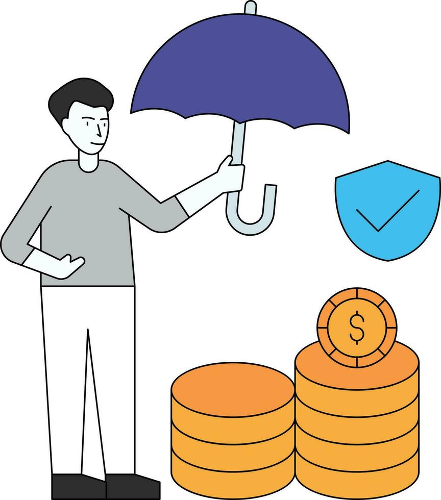 The boy saves dollar coins from the umbrella. vector
