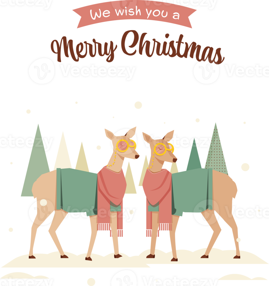 Merry Christmas Greeting Card With Cute Couple Reindeer, Xmas Trees. png