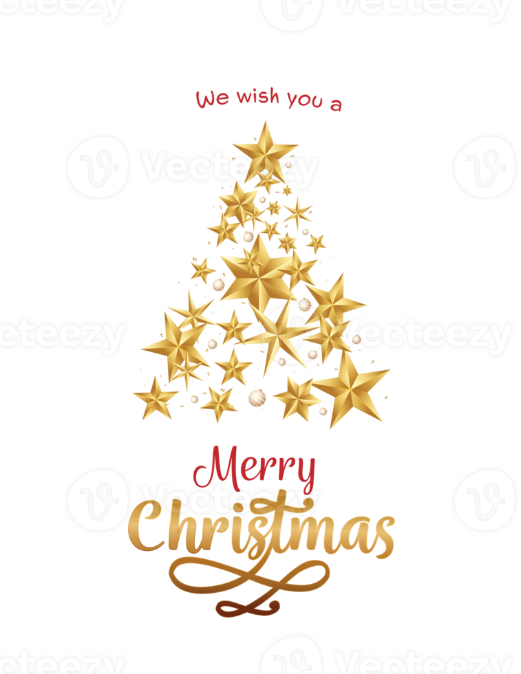 Merry Christmas Greeting Card With Xmas Tree Made By Golden Stars, Baubles, Confetti. png