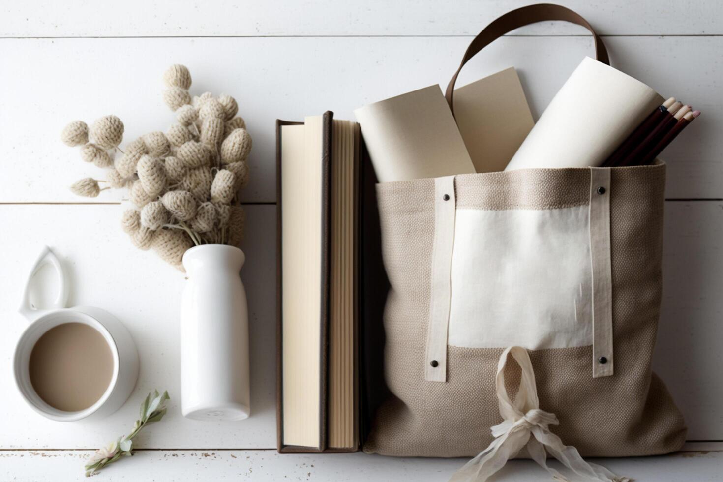 Canvas tote bag mockup, books and coffee theme, AI Generative photo