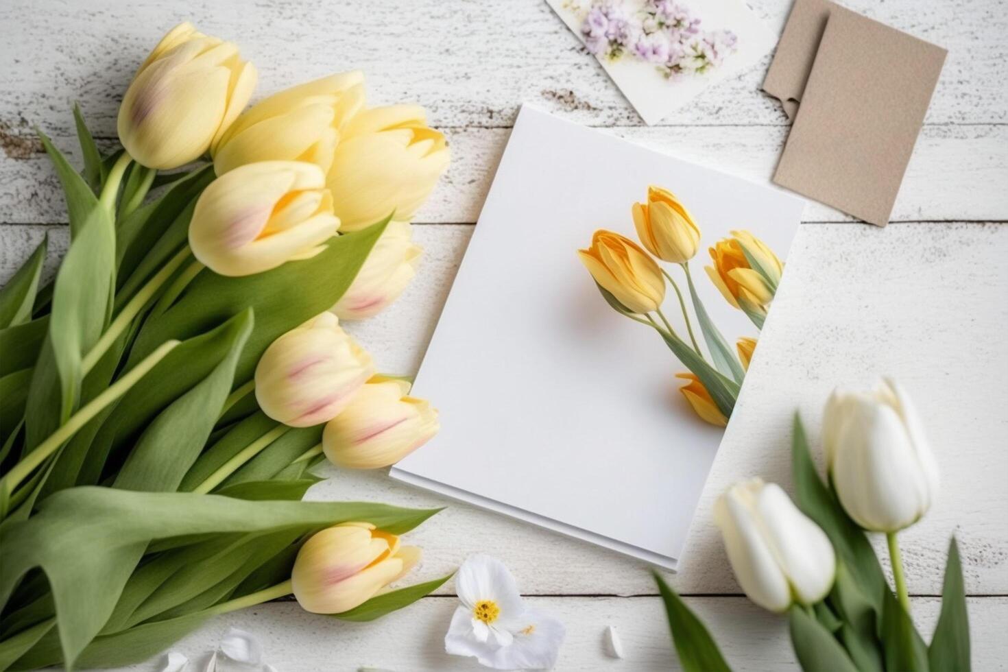 Beautiful yellow tulips on wooden background, photo