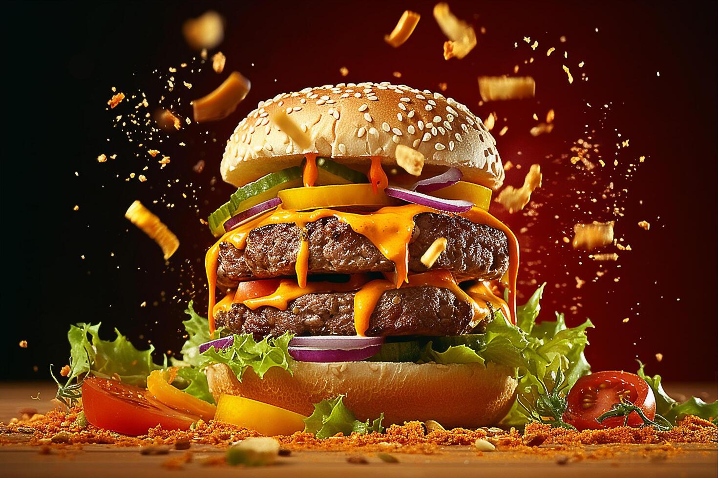 hamburguesa double beef medallion on black background, photo