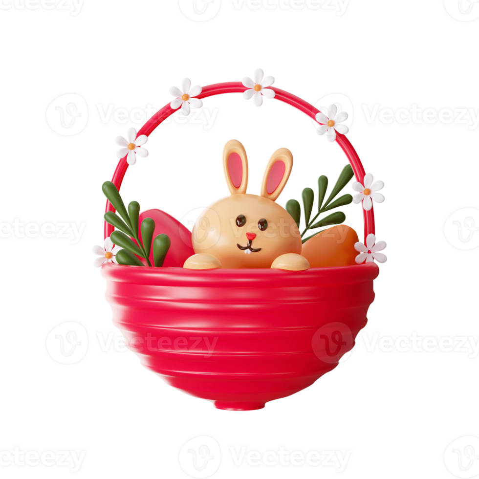 3D Rendering Of Easter Eggs With Bunny Inside Basket Illustration. png
