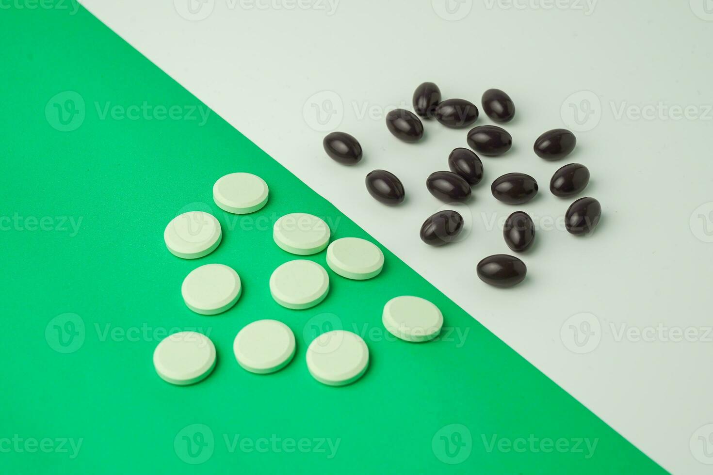Many different tablet pills on color background, flat lay, with copy space. photo