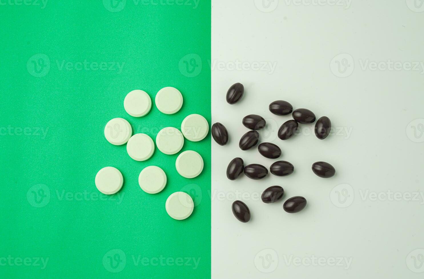Many different tablet pills on color background, flat lay, with copy space. photo