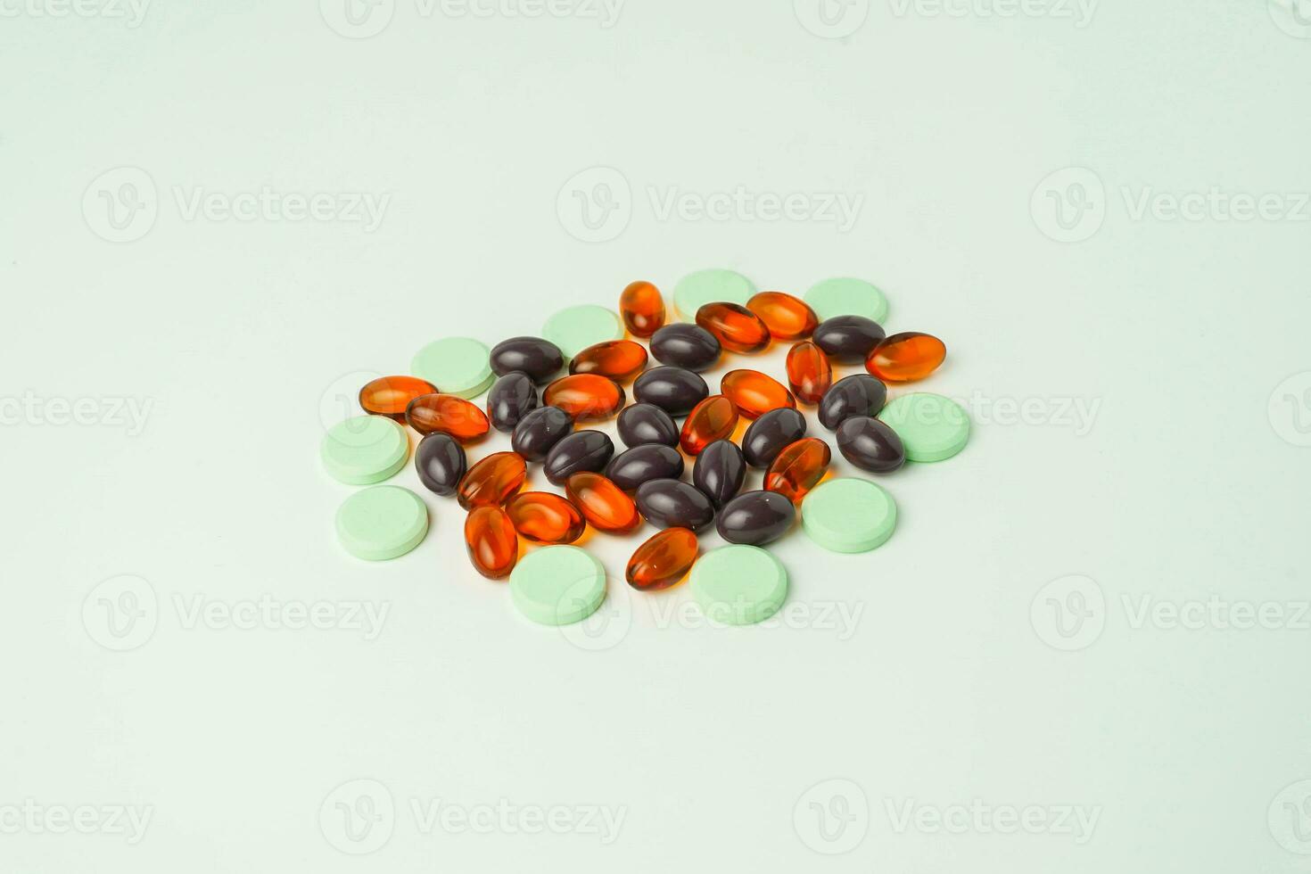 Many different tablet pills on white background, flat lay, with copy space. photo