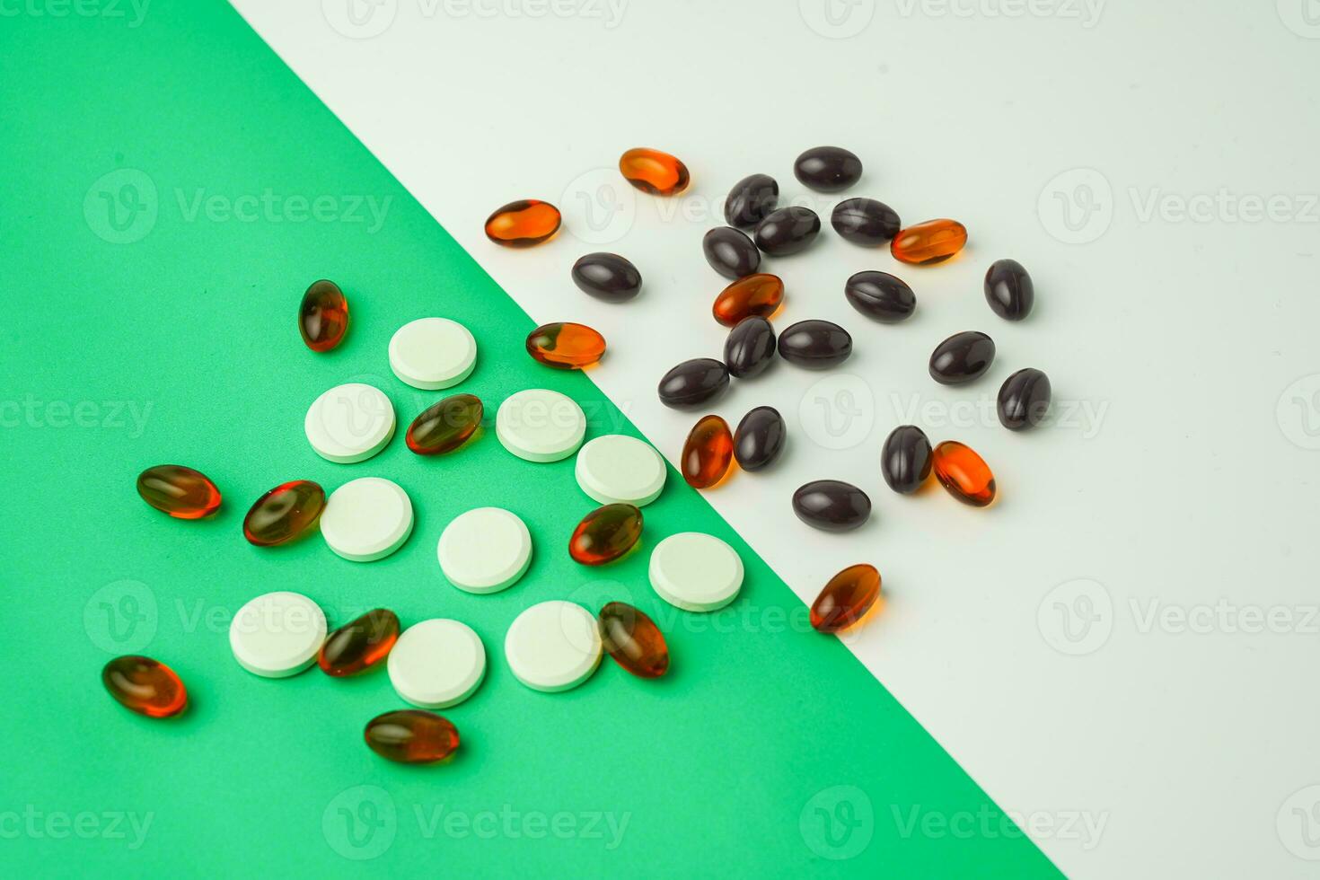 Many different tablet pills on color background, flat lay, with copy space. photo