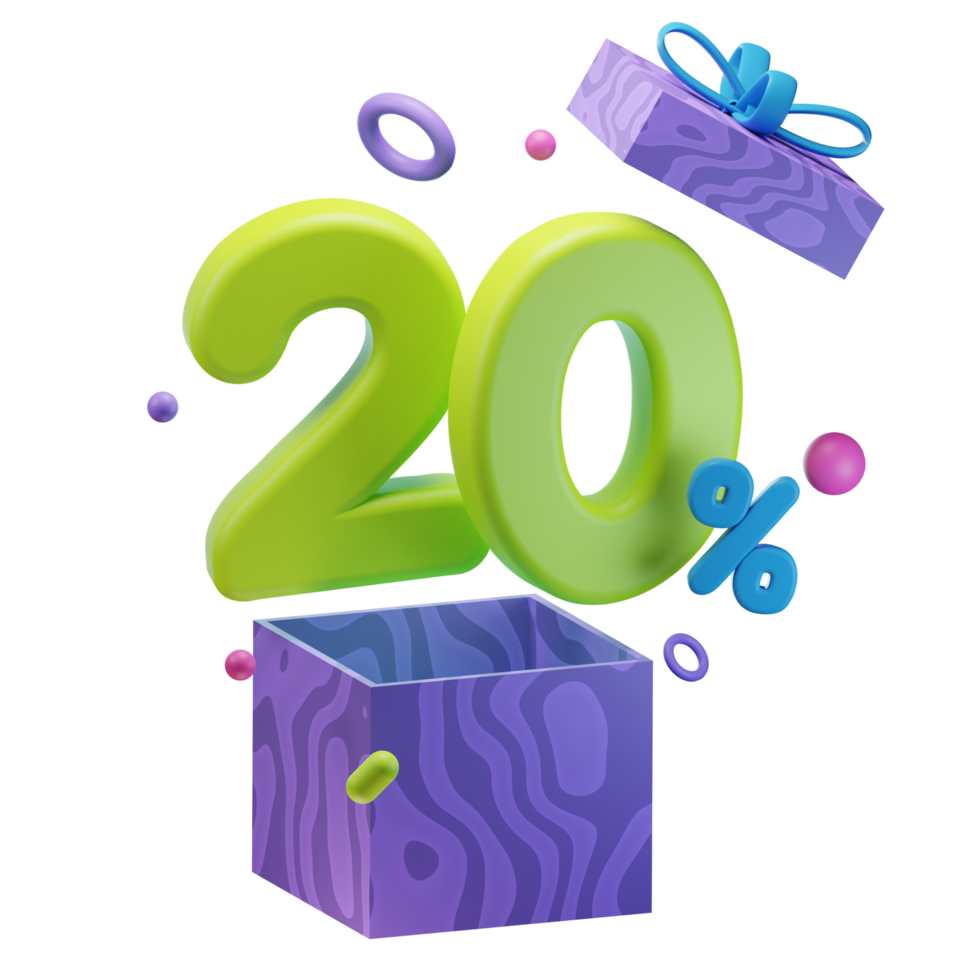 3d 20 percent discounts opened gift box sales promo illustration concept icon png