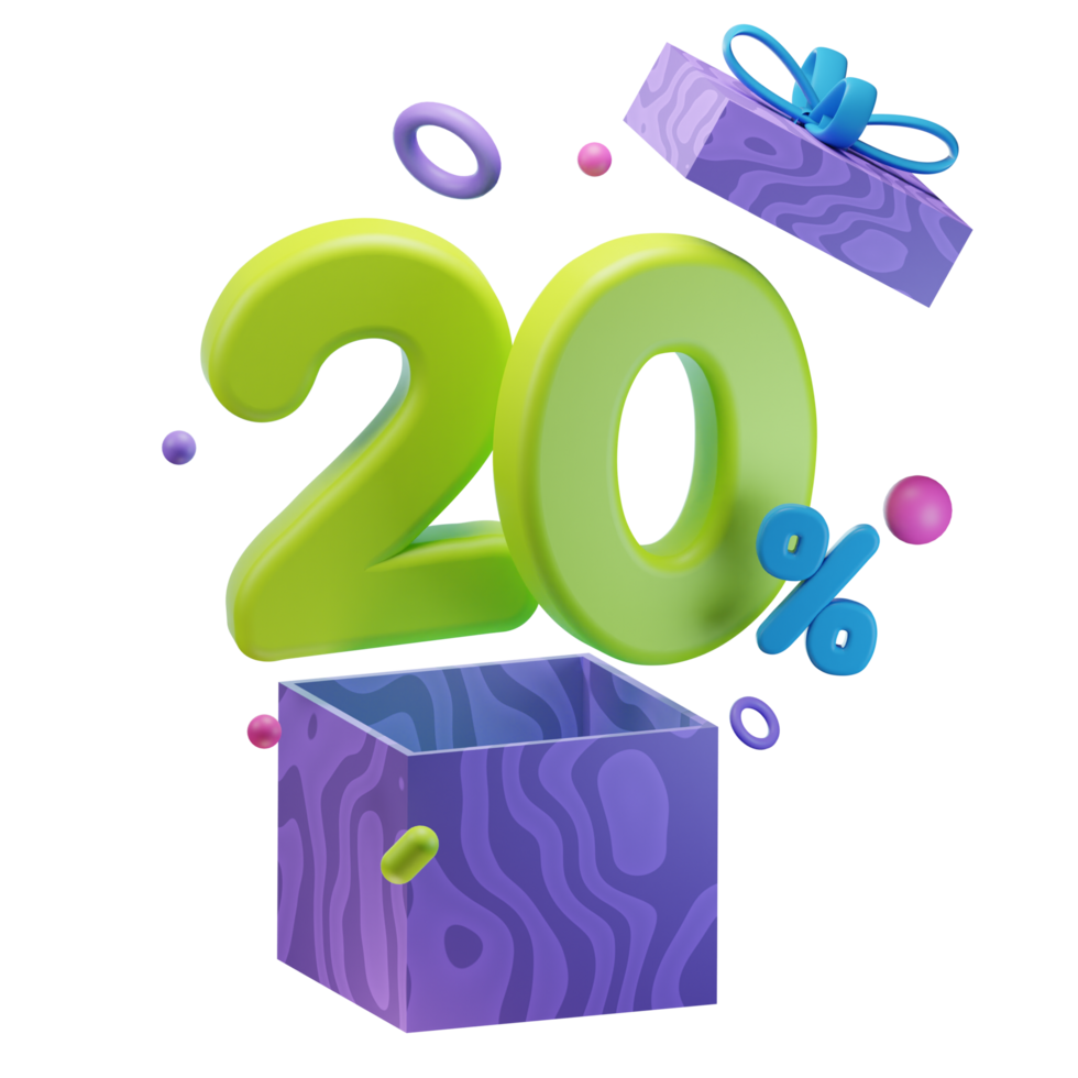 3d 20 Prozent Rabatte geöffnet Geschenk Box Der Umsatz Promo Illustration Konzept Symbol png