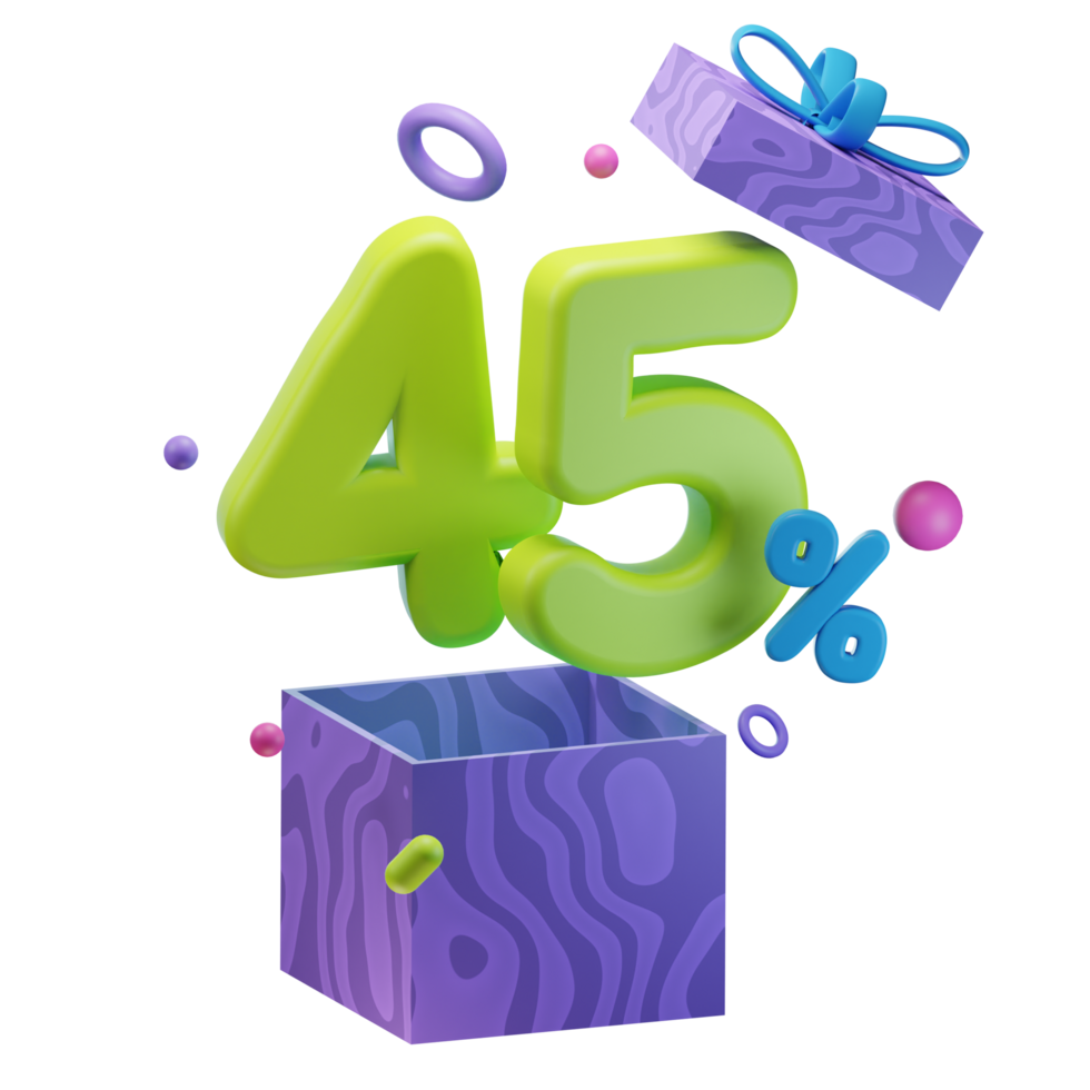 3d 45 percent discounts opened gift box sales promo illustration concept icon png