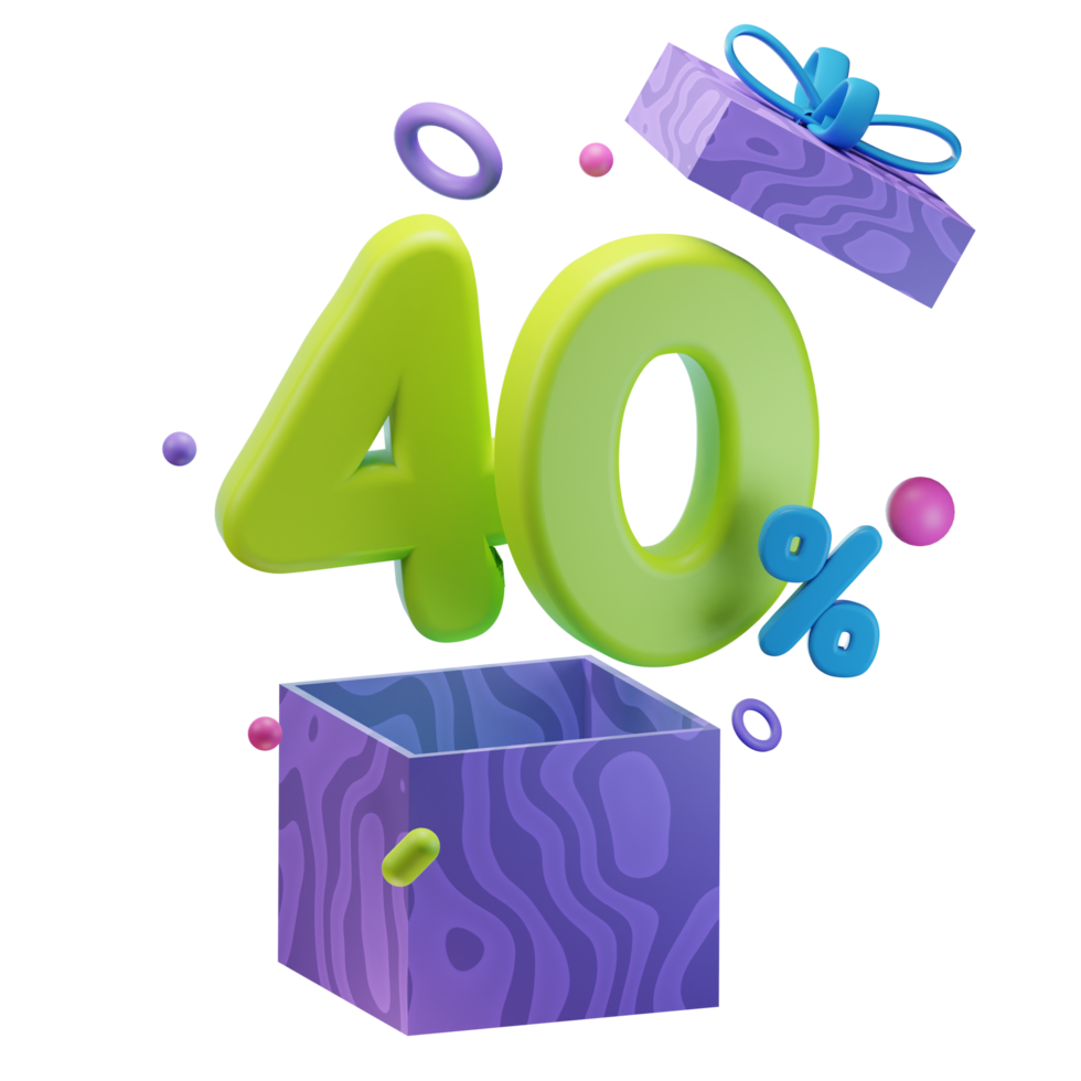 3d 40 Prozent Rabatte geöffnet Geschenk Box Der Umsatz Promo Illustration Konzept Symbol png