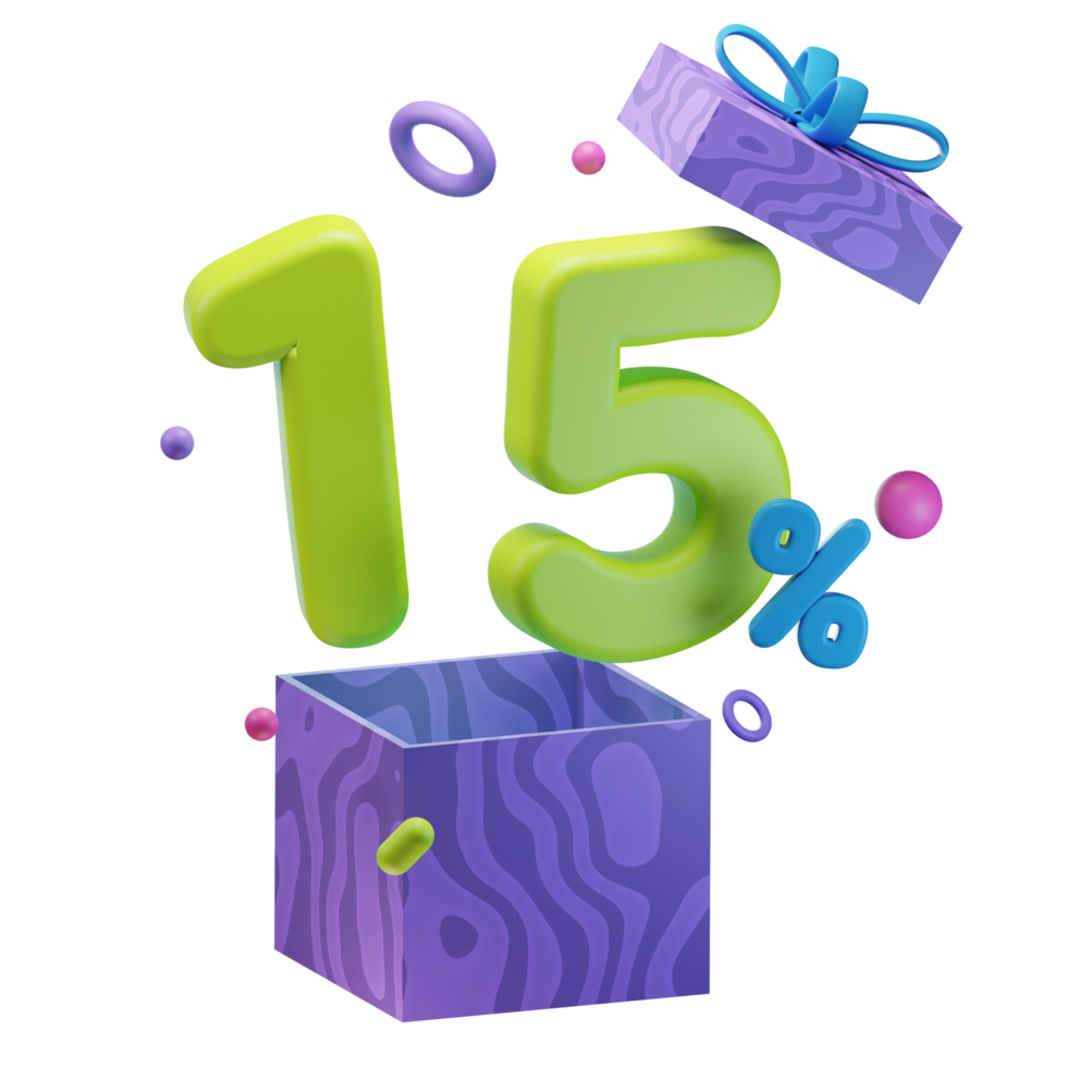 3d 15 pour cent remises ouvert cadeau boîte Ventes promo illustration concept icône png