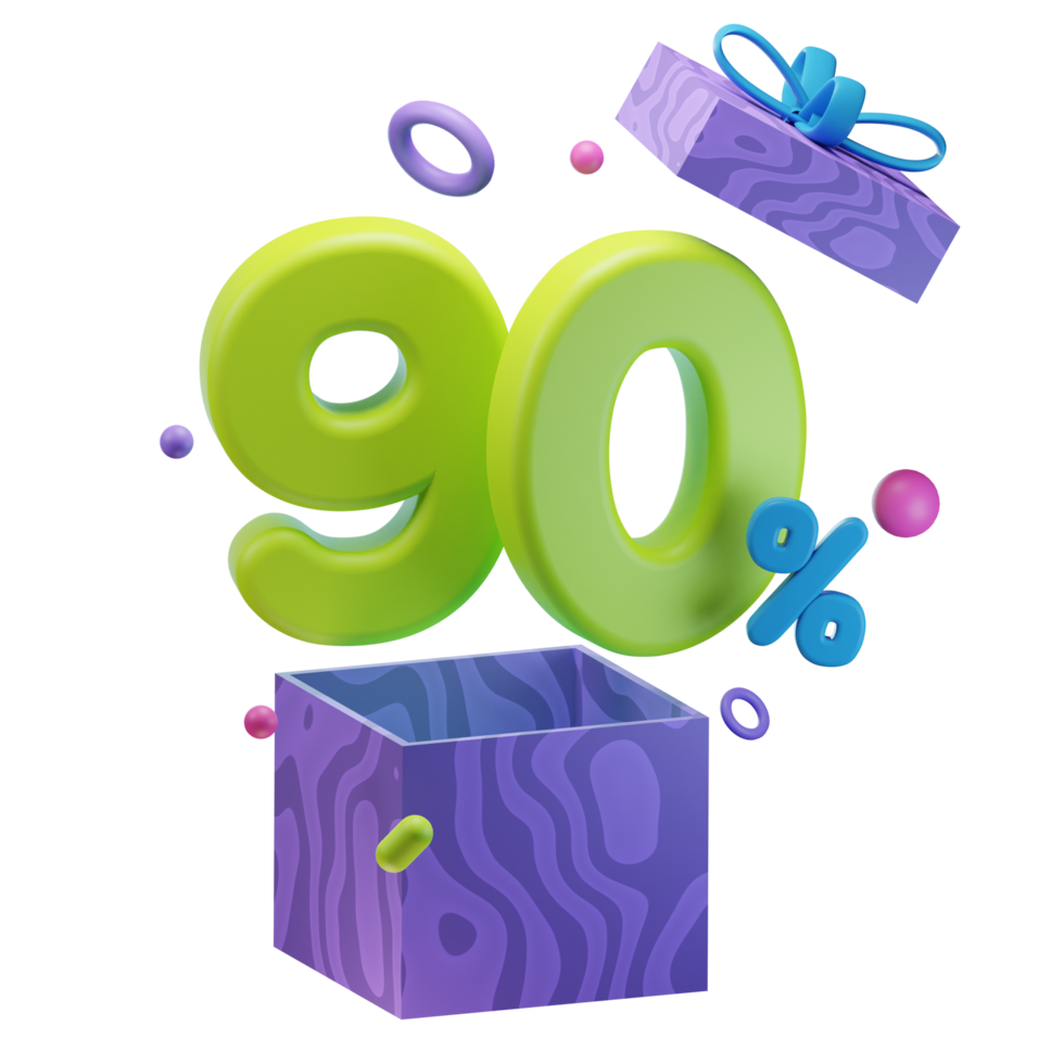 3d 90 percent discounts opened gift box sales promo illustration concept icon png