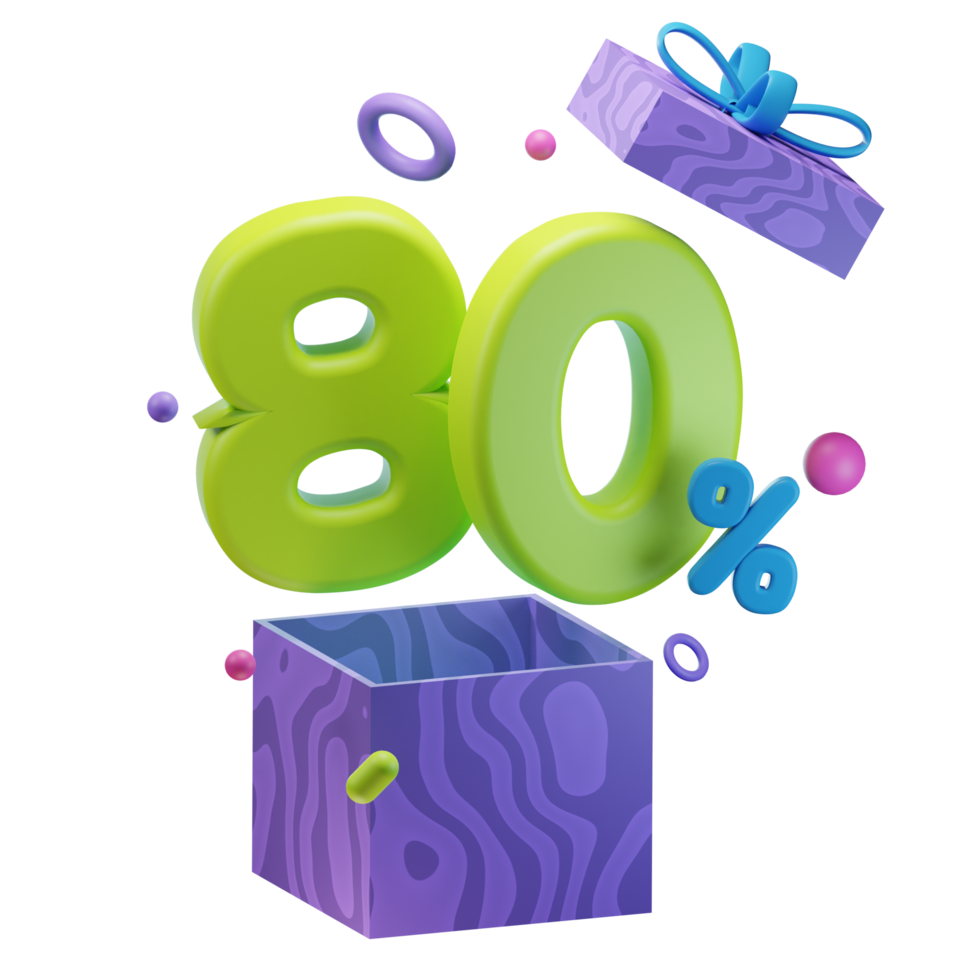 3d 80 percent discounts opened gift box sales promo illustration concept icon png