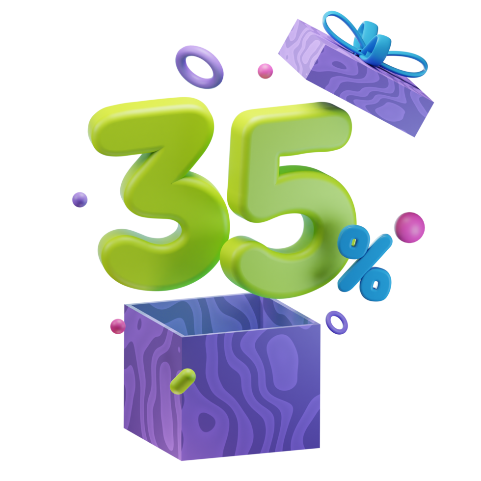 3d 35 percent discounts opened gift box sales promo illustration concept icon png