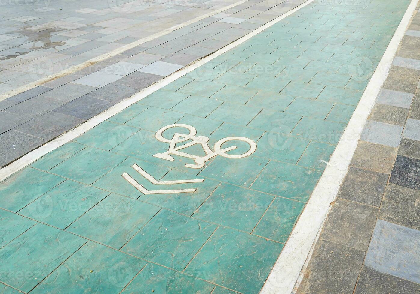 bicycle lane, traffic, city transportation and eco-friendly concept, green bicycle lane with bicycle signs photo