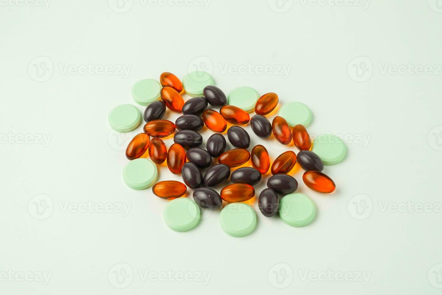 Many different tablet pills on white background, flat lay, with copy space. photo