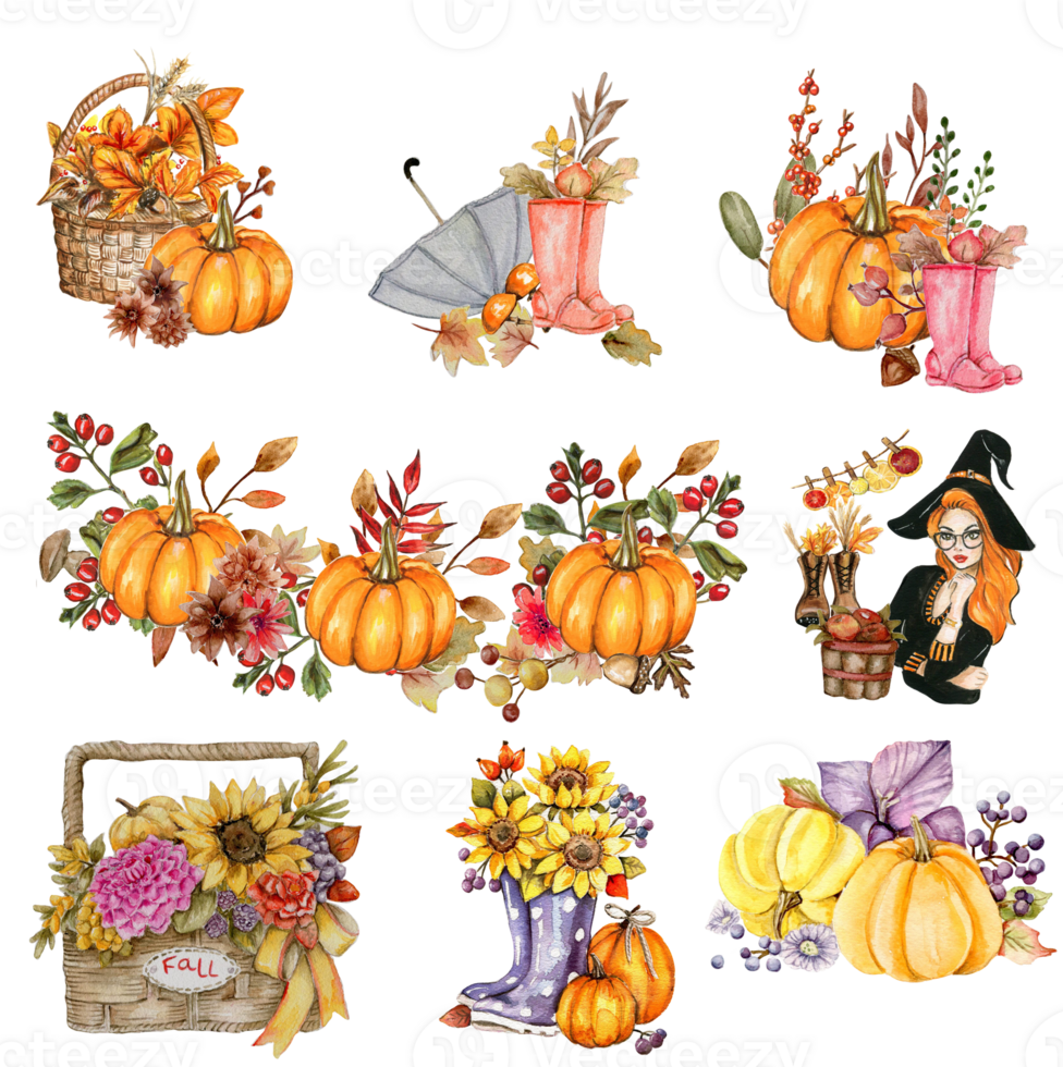 acuarela mano dibujado otoño hojas y calabazas composición. ilustración de otoño. Perfecto para álbum de recortes, niños diseño, Boda invitación, carteles, saludos tarjetas, fiesta decoración. png