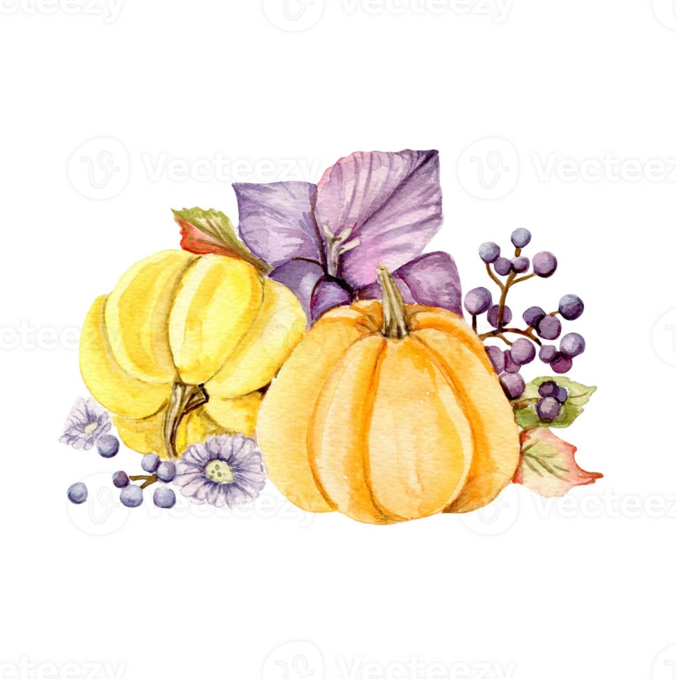 Watercolor hand drawn autumn leaves and pumpkins composition. Illustration of autumn. Perfect for scrapbooking, kids design, wedding invitation, posters, greetings cards, party decoration. png