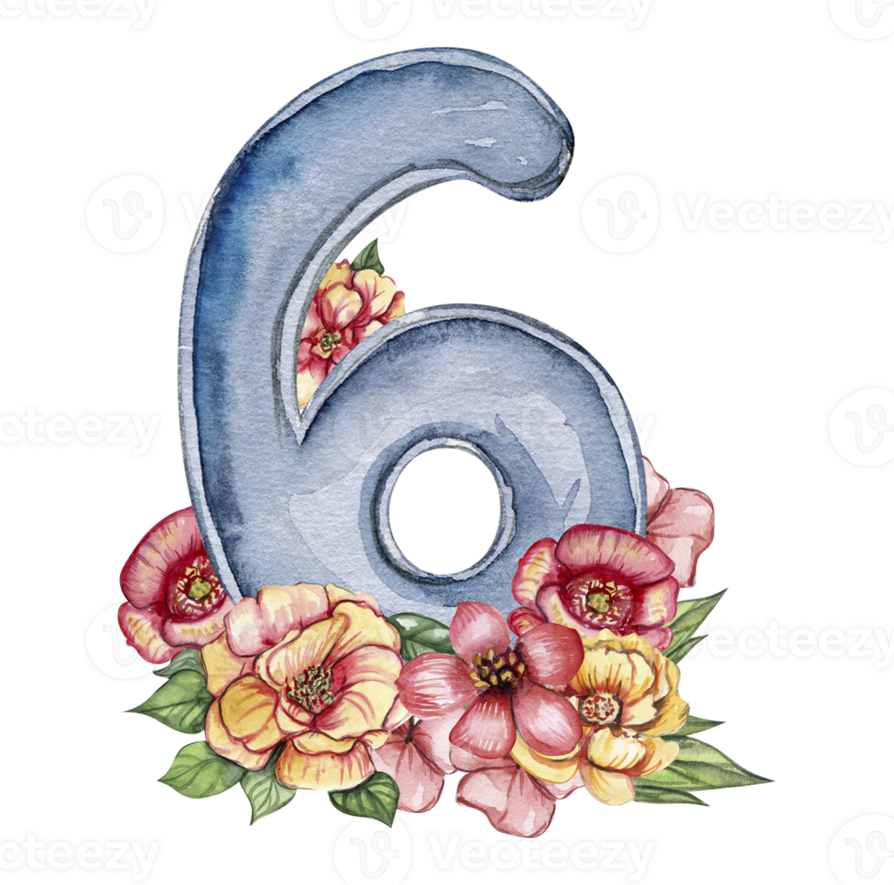 Watercolor hand drawn numbers and flowers composition. Illustration of a numbers. Perfect for scrapbooking, kids design, wedding invitation, posters, greetings cards, party decoration. png