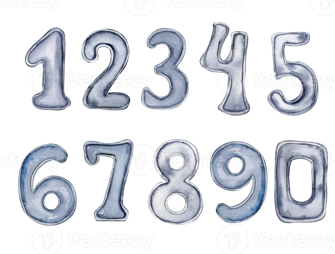 Watercolor hand drawn blue numbers. Illustration of a numbers. Perfect for scrapbooking, kids design, wedding invitation, posters, greetings cards, party decoration. png