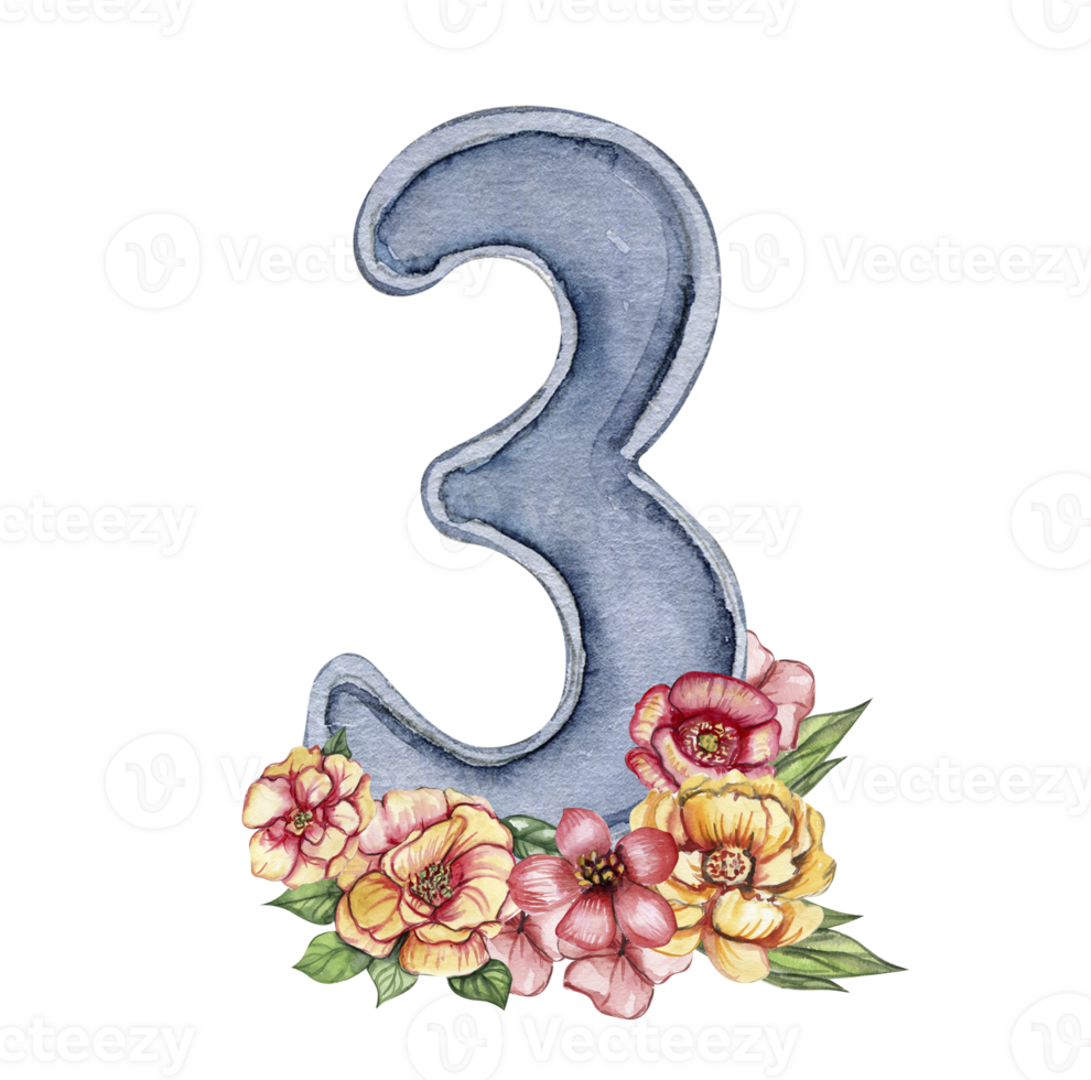 Watercolor hand drawn numbers and flowers composition. Illustration of a numbers. Perfect for scrapbooking, kids design, wedding invitation, posters, greetings cards, party decoration. png