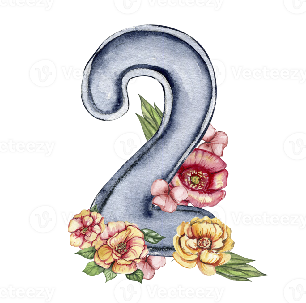 Watercolor hand drawn numbers and flowers composition. Illustration of a numbers. Perfect for scrapbooking, kids design, wedding invitation, posters, greetings cards, party decoration. png