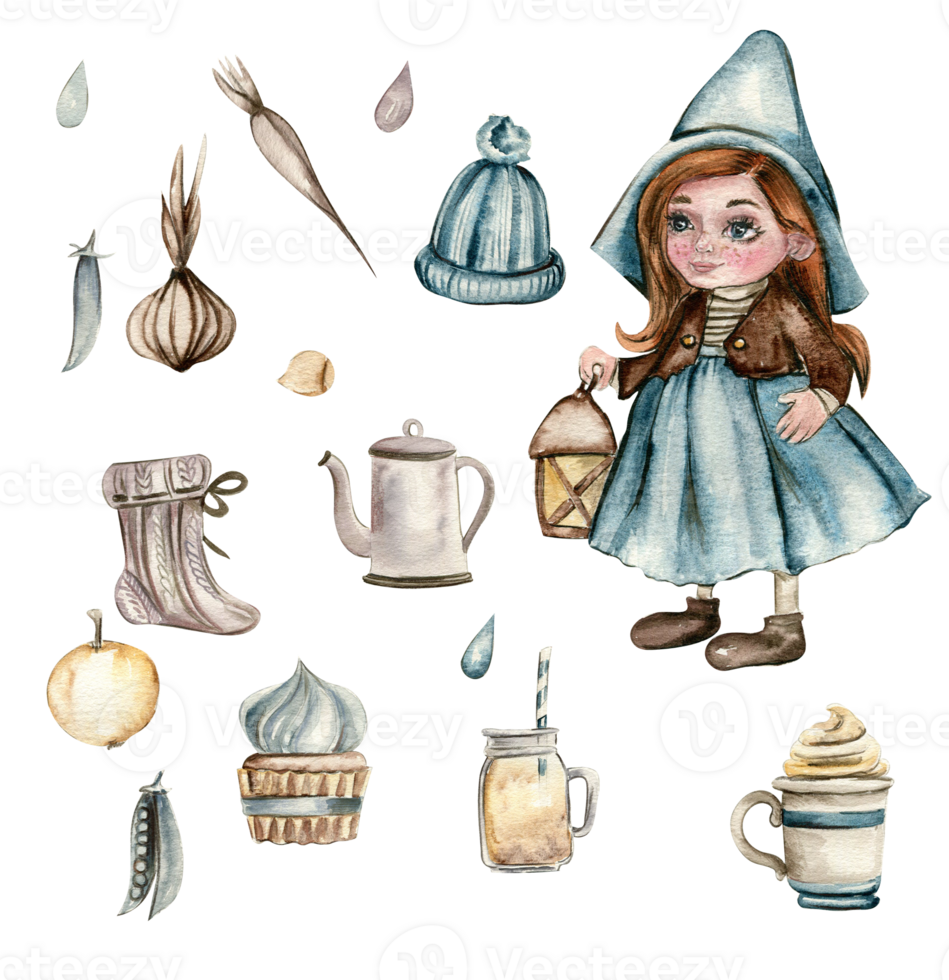 Watercolor hand drawn autumn girl gnome and sea buckthorn. Hand drawn illustration of autumn. Perfect for scrapbooking, kids design, wedding invitation, posters, greetings cards, party decoration. png