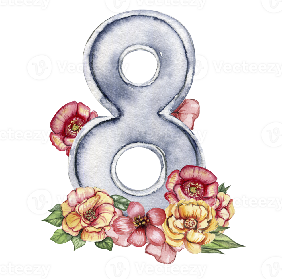 Watercolor hand drawn numbers and flowers composition. Illustration of a numbers. Perfect for scrapbooking, kids design, wedding invitation, posters, greetings cards, party decoration. png