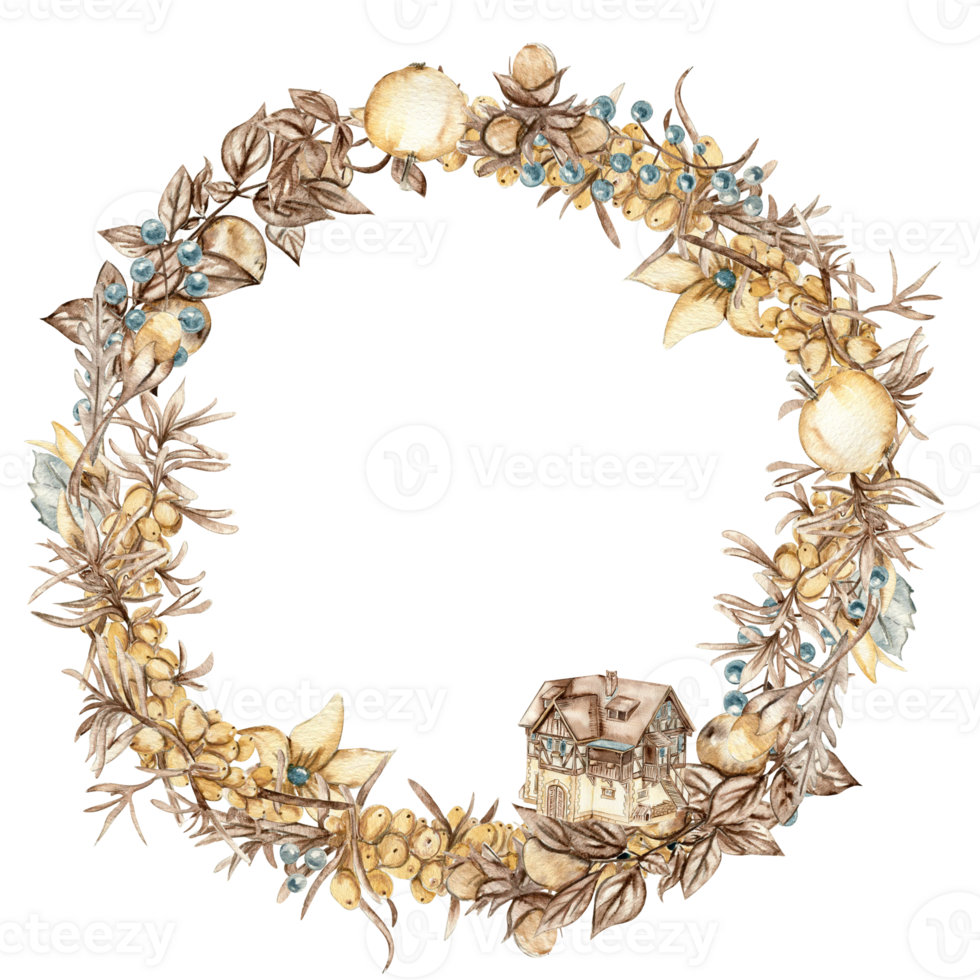Flowers sea buckthorn wreath, for cards,backgrounds. Watercolor illustration for scrapbooking. Cartoon hand drawn background with flower for kids design.Perfect for wedding invitation. png