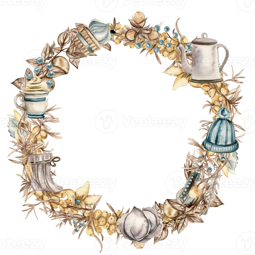 Flowers sea buckthorn wreath, for cards,backgrounds. Watercolor illustration for scrapbooking. Cartoon hand drawn background with flower for kids design.Perfect for wedding invitation. png